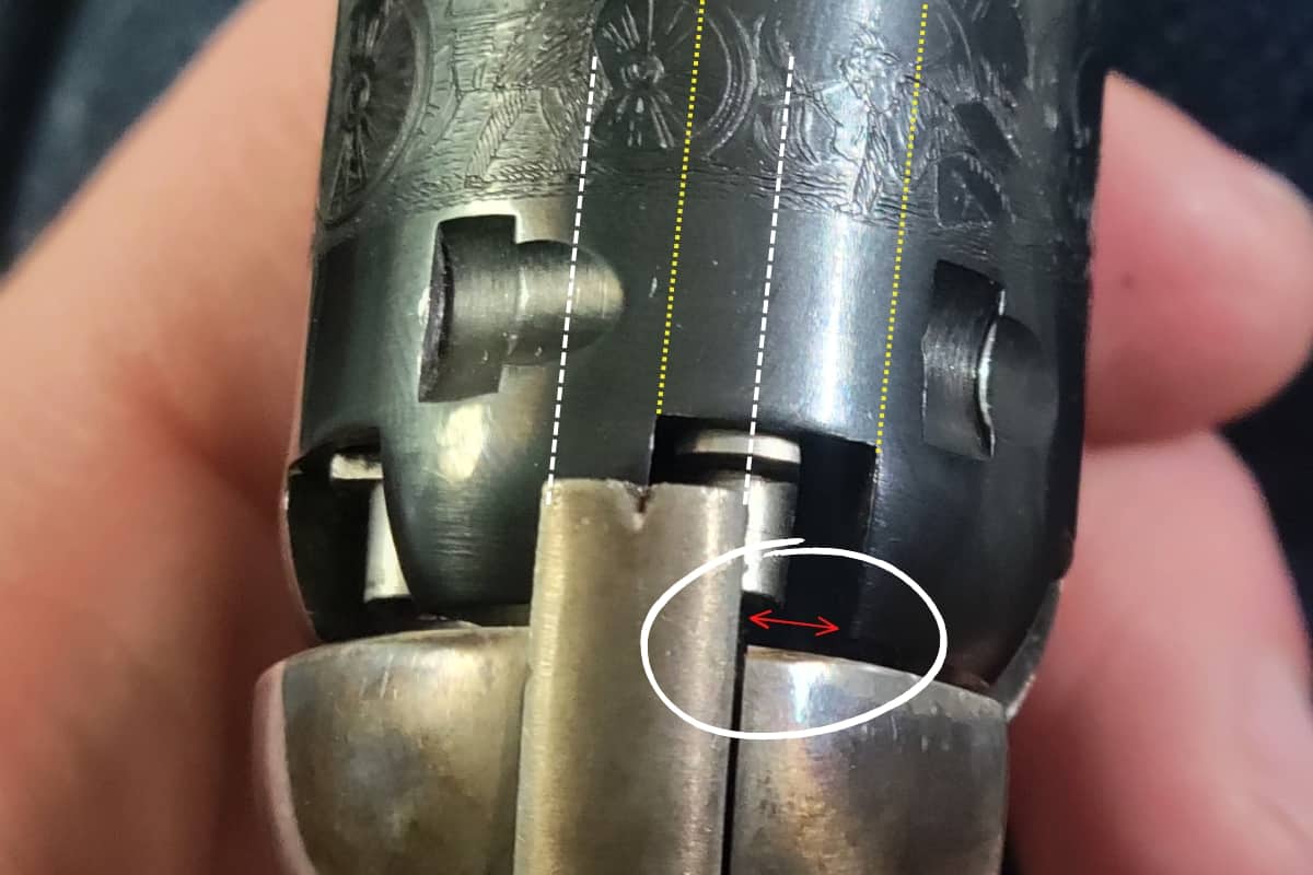 image showing cylinder timing issues (overtravel) on a cap and ball revolver