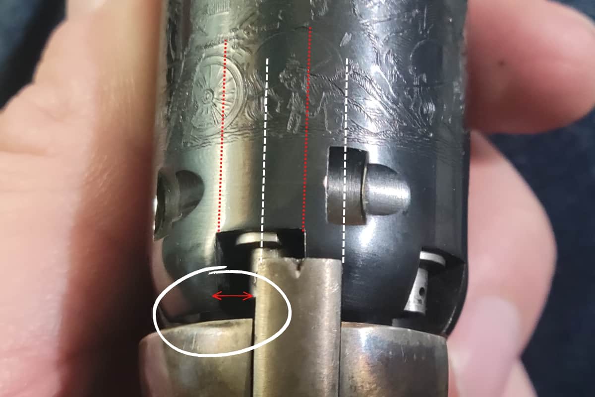 image showing a timing issue on a cap and ball revolver, specifically under-traveling